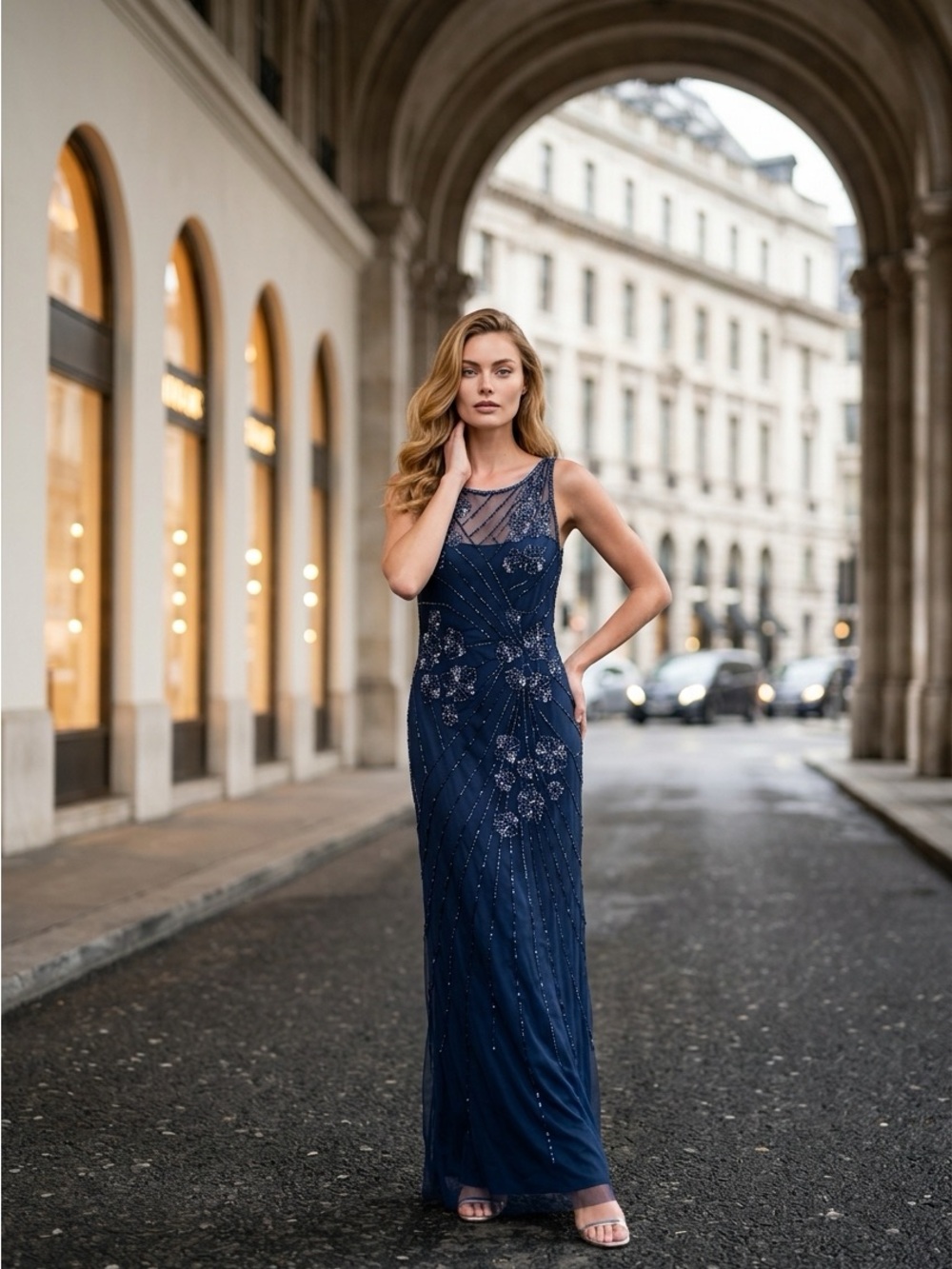 Papell Boutique Navy Beaded Maxi Gown